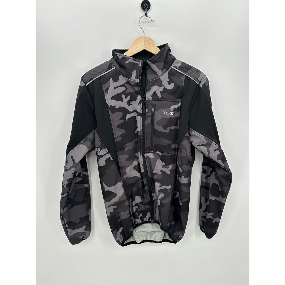 Arsuxeo Gray Camo Cycling Jacket Mens Sz S Full Zip Softshell Reflective Fleece